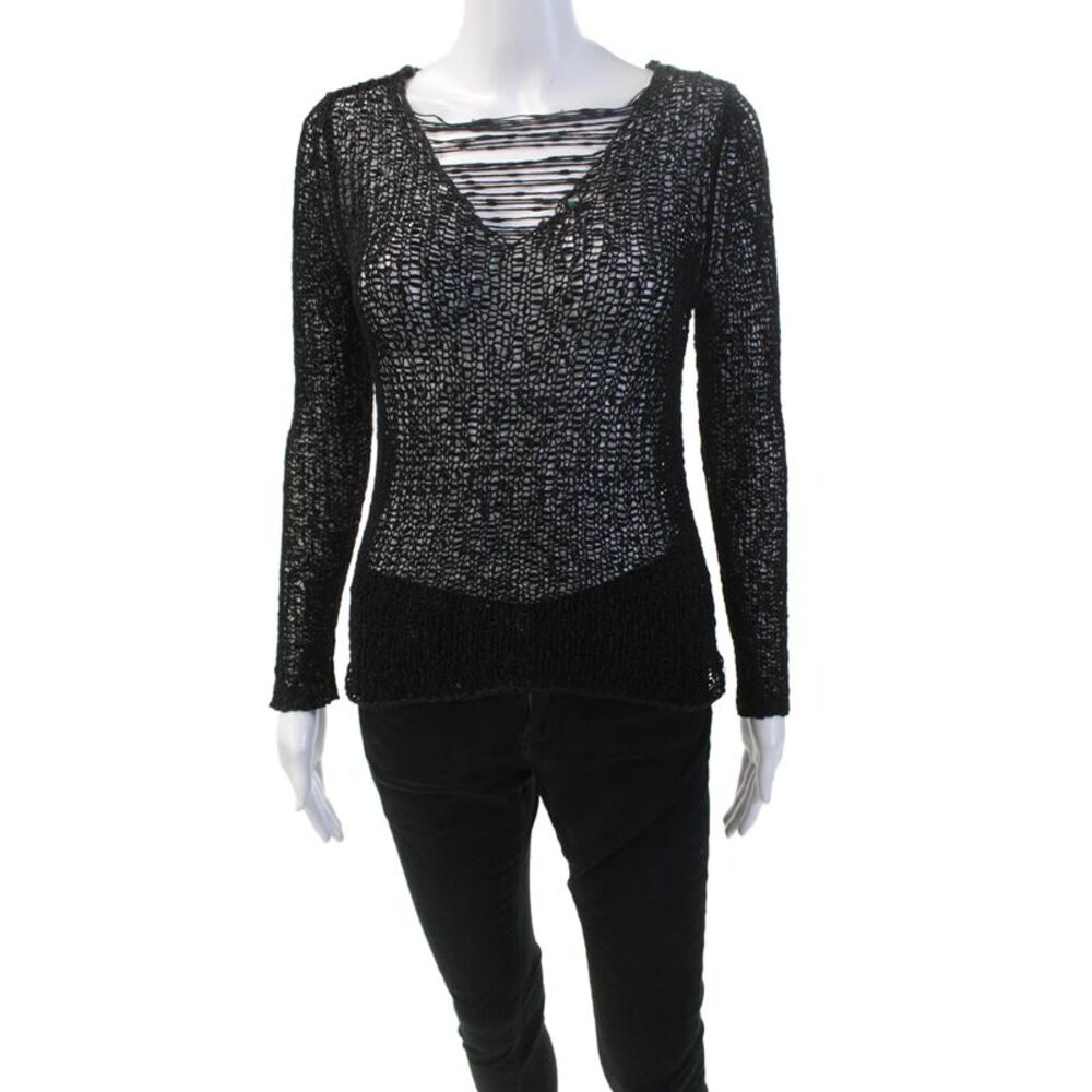 The Fisher Project Womens Long Sleeve Open Weave Blouse Black Size 2XS